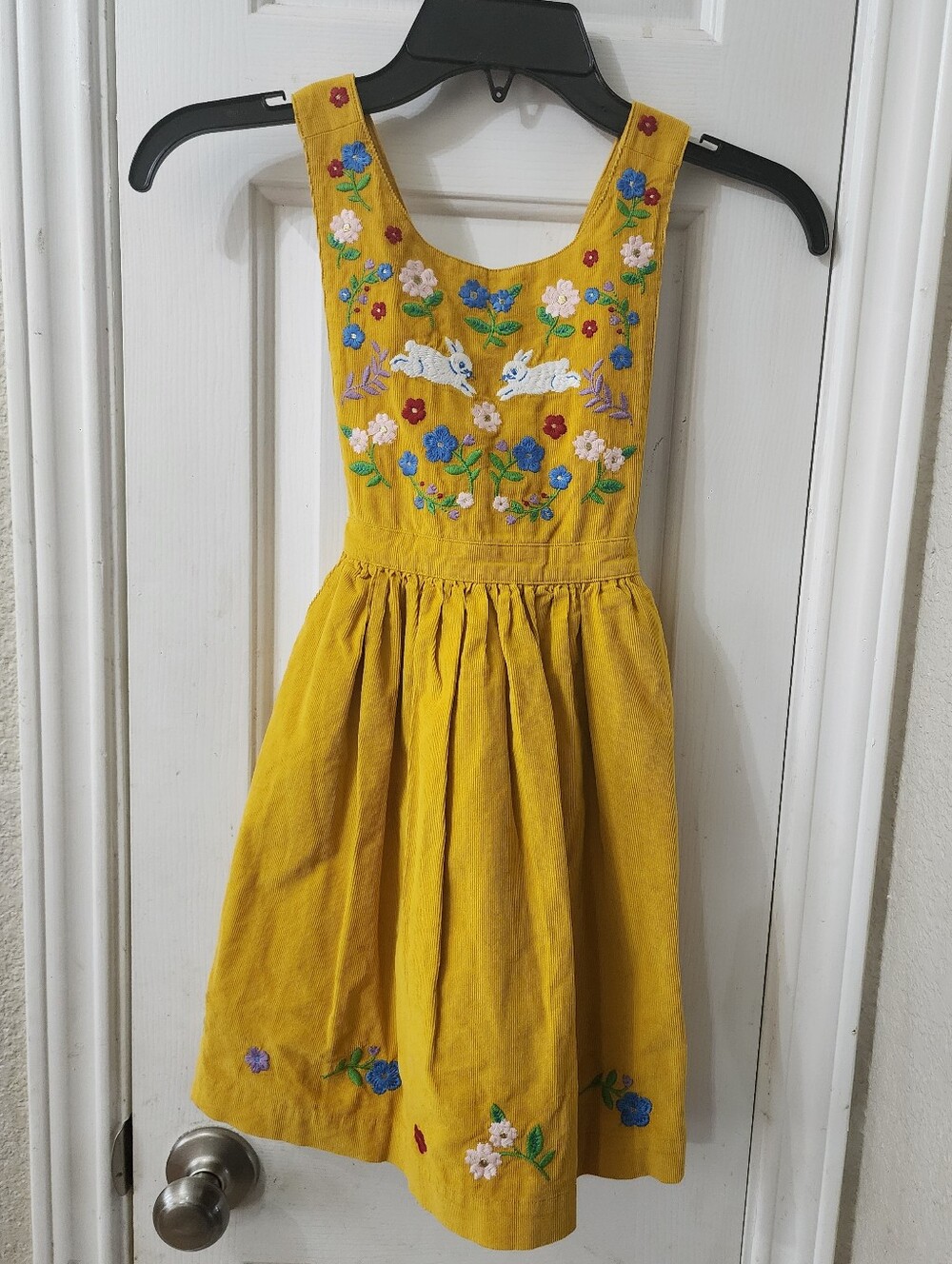 Mini Boden Yellow Embroidered Bunny & Floral Cord Dress